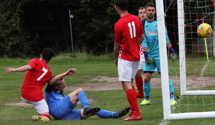Daniel Scourfield scores for Monkton Swifts at Saundersfoot. Picture by Susan McKehon